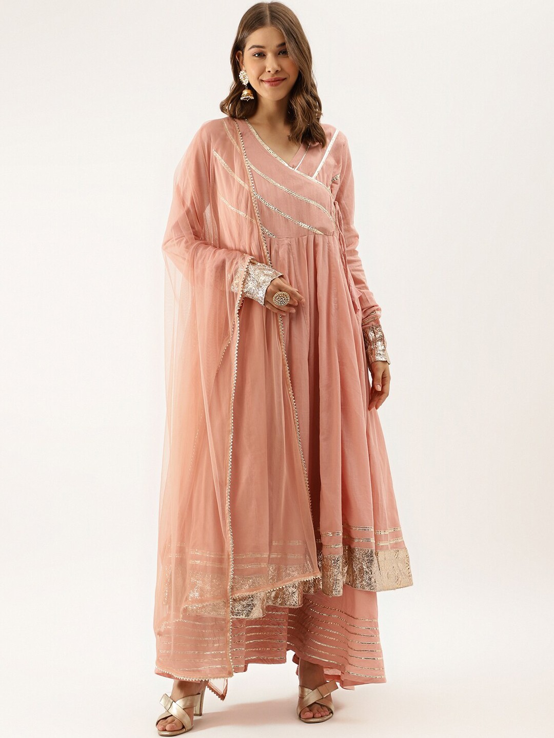 

Divena Women Peach-Coloured Striped Regular Gotta Patti Pure Cotton Kurta with Palazzos & With Dupatta