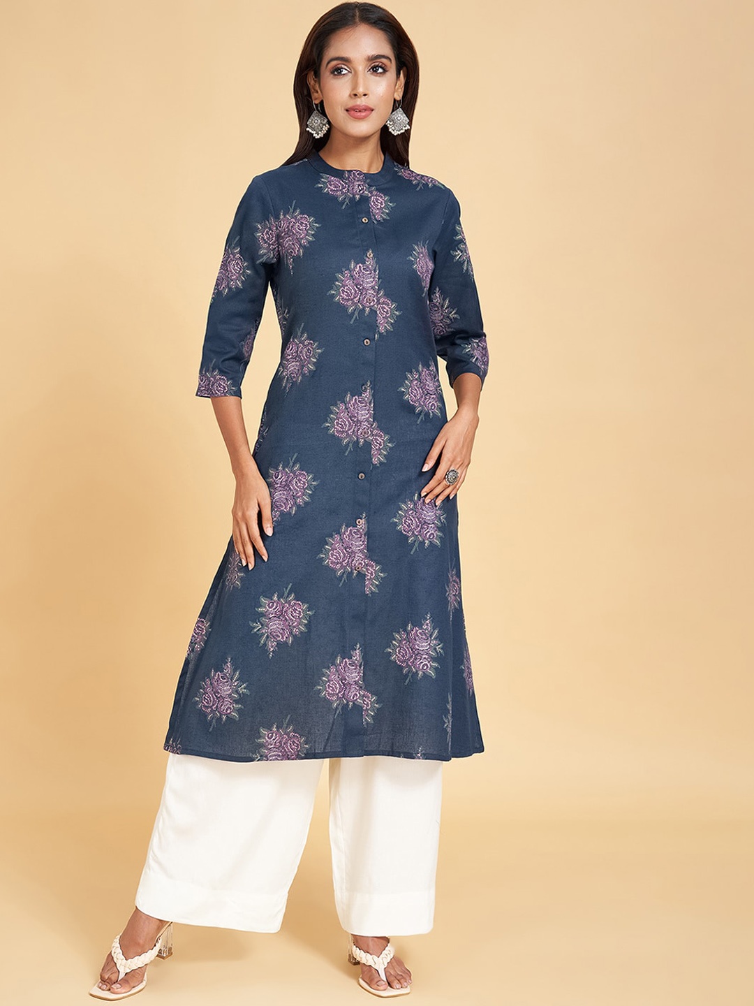 

RANGMANCH BY PANTALOONS Floral Printed Straight Cotton Kurta, Navy blue