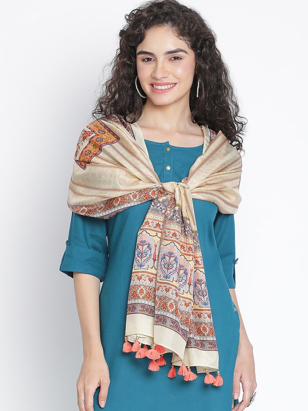 

SHINGORA Ethnic Printed Pure Silk Stole, Peach