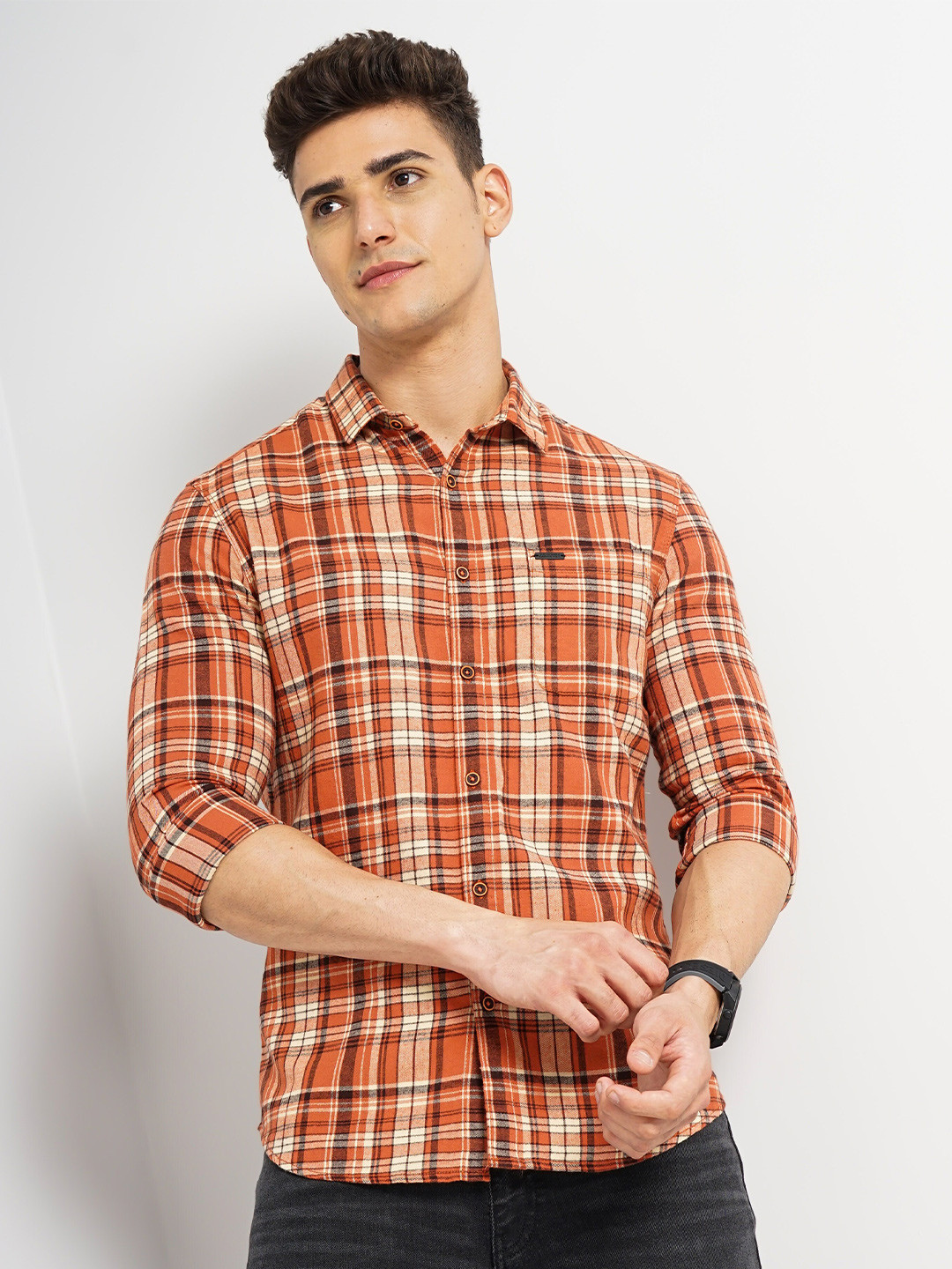 

The Indian Garage Co Slim Fit Tartan Checks Cotton Casual Shirt, Orange