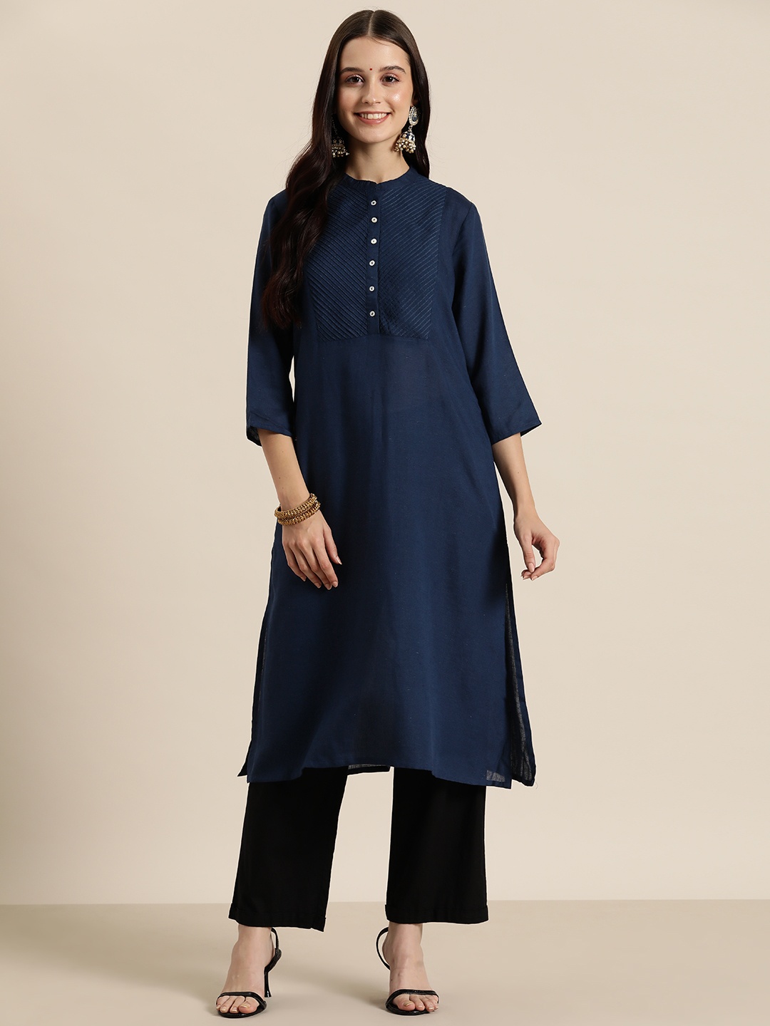 

HERE&NOW Women Solid Straight Kurta, Navy blue