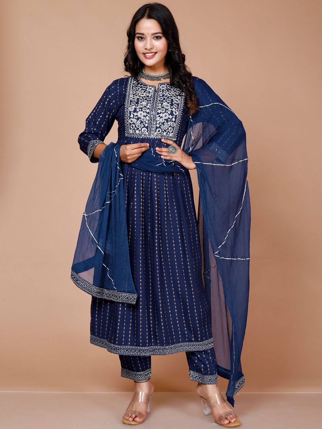 

HERE&NOW Floral Embroidered Mirror Work A-line Kurta With Trousers & Dupatta, Blue