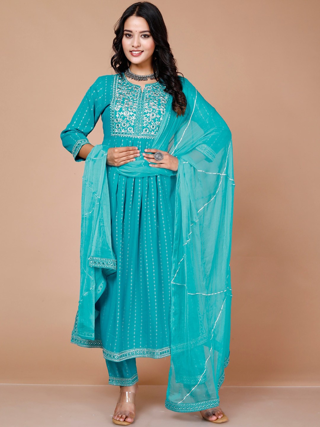 

HERE&NOW Women Teal Striped Empire Thread Work Kurta with Trousers & With Dupatta