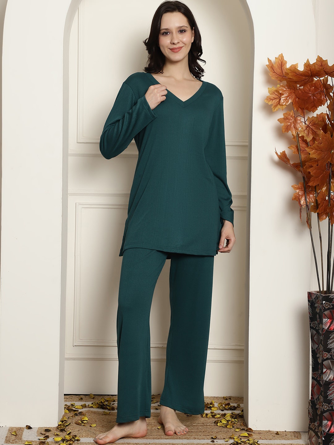 

Secret Wish Ribbed V-Neck Top & Pyjama, Green