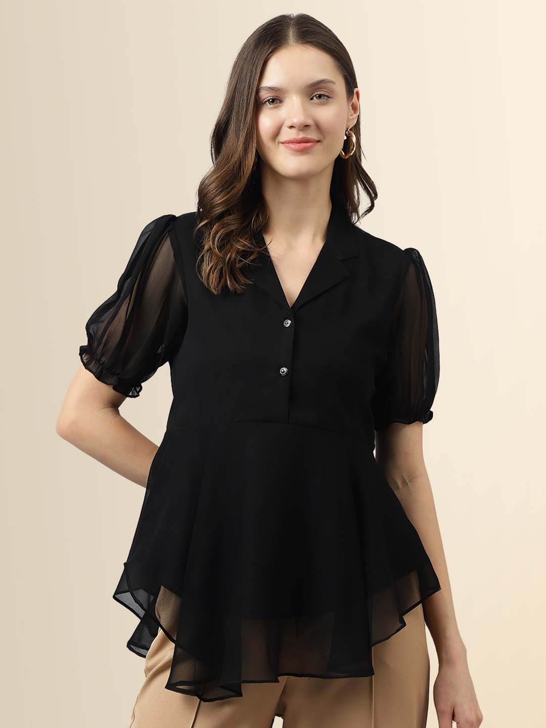 

BAESD Lapel Collar Puff Sleeves High-Low Top, Black