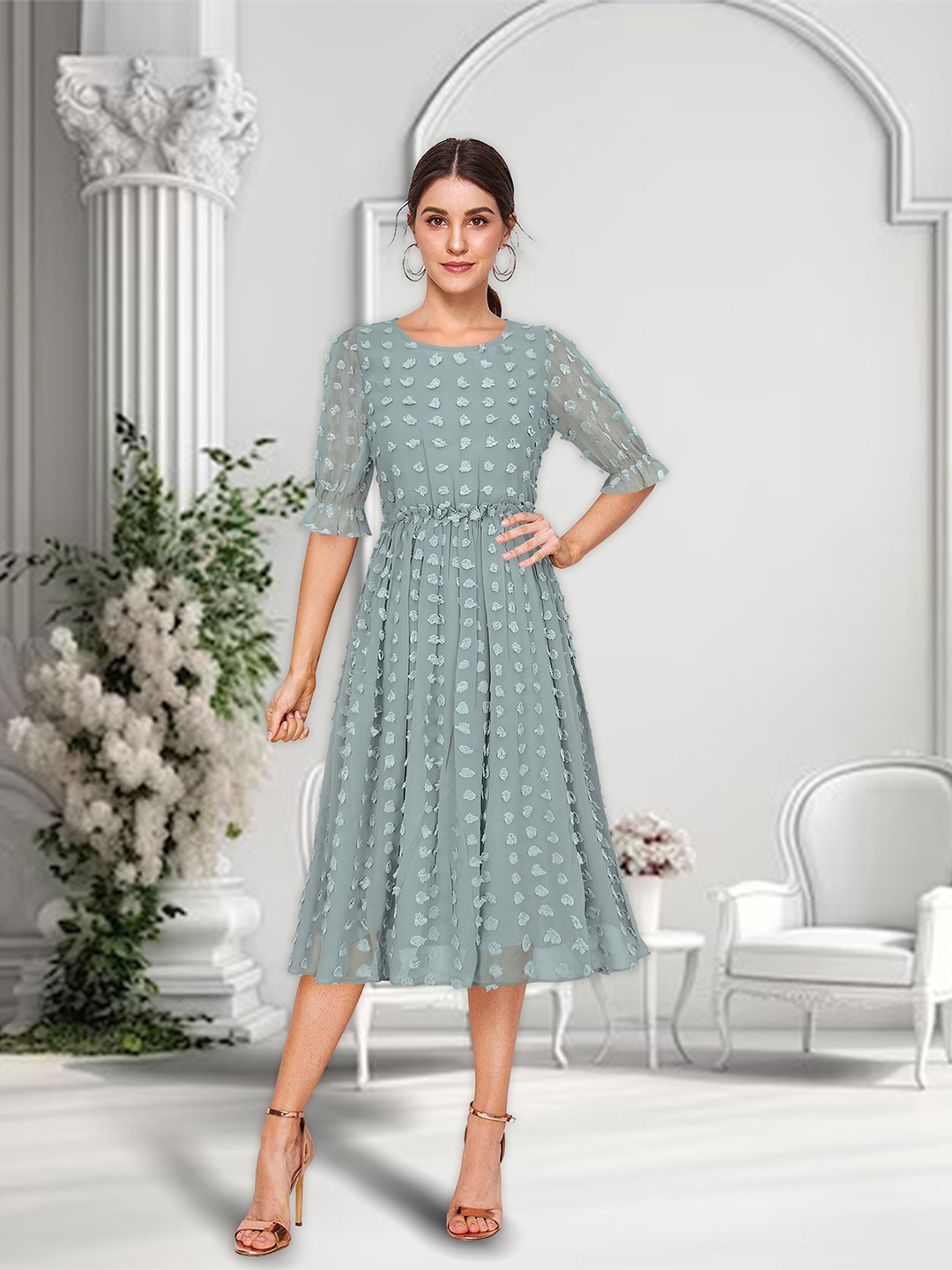 

BAESD Self Design Printed Round Neck Bell Sleeves Georgette Fit & Flare Midi Dress, Green