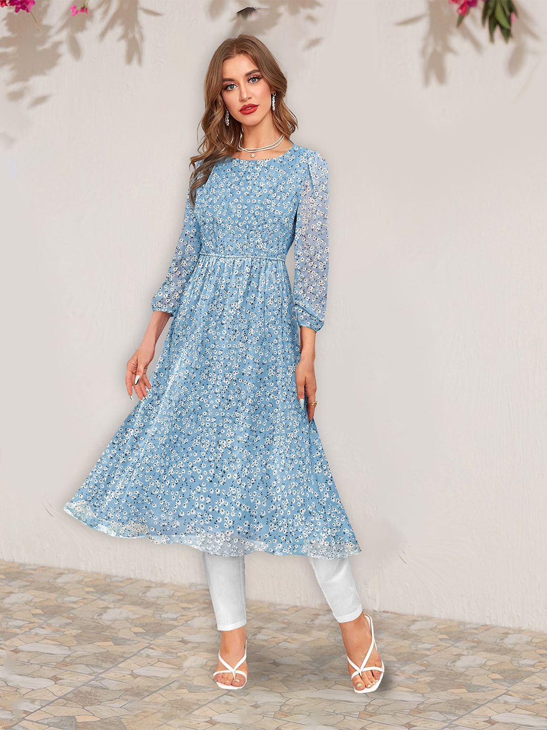 

BAESD Floral Printed Puffed Sleeves Georgette Anarkali Kurta, Blue