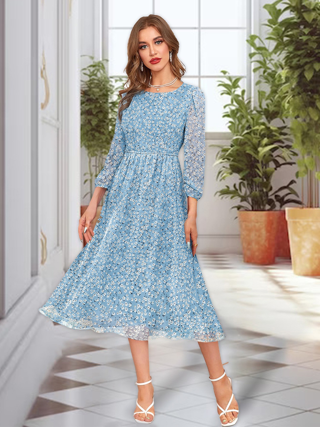 

BAESD Floral Printed Round Neck Georgette Gathered Fit & Flare Midi Dress, Blue