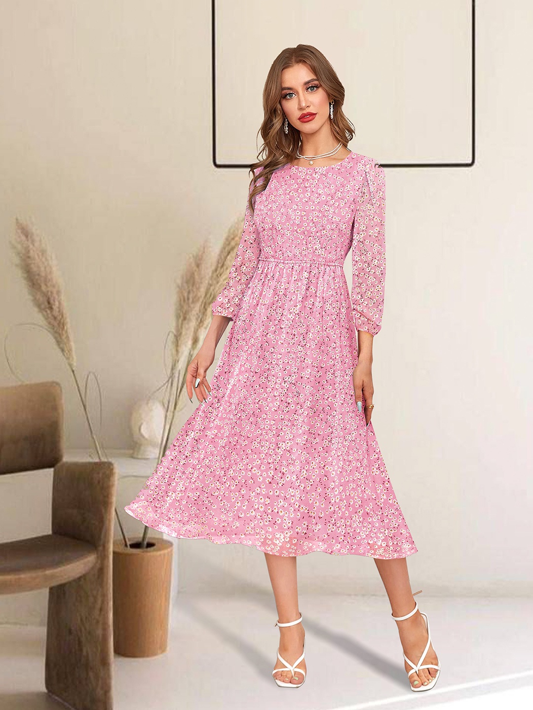 

BAESD Floral Printed Puff Sleeve Fit And Flare Midi Dress, Pink