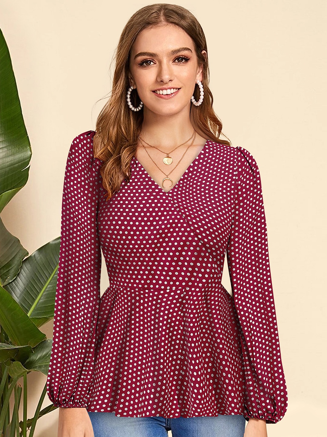 

BAESD Polka Dot Printed V-Neck Puff Sleeves Cotton Peplum Top, Maroon