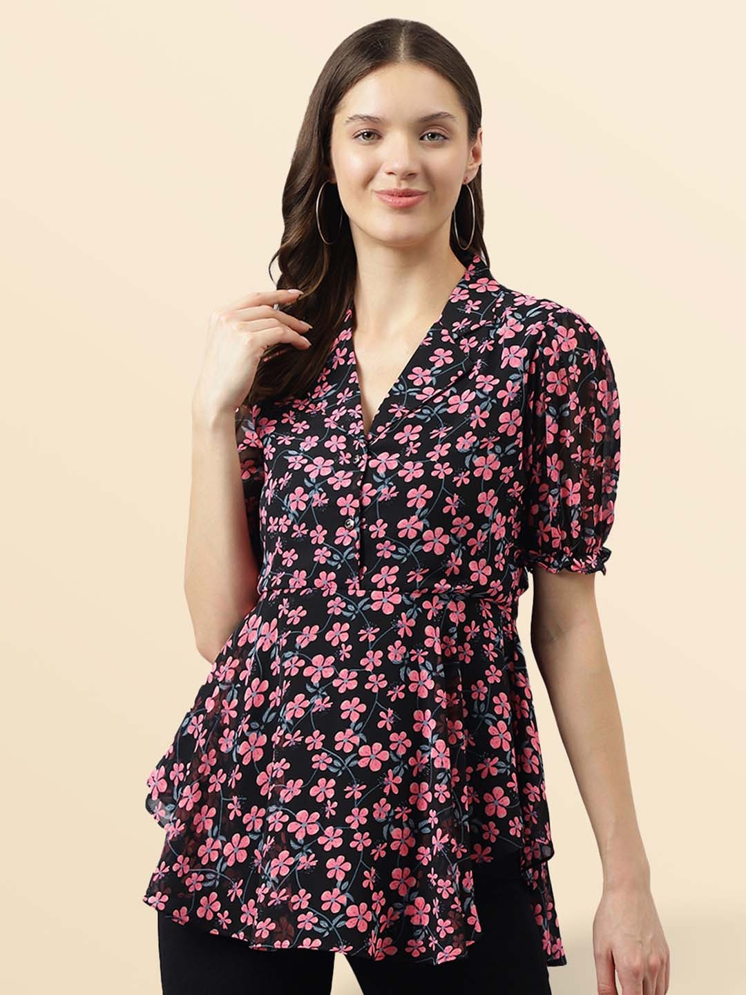 

BAESD Floral Printed Lapel Collar Puff Sleeves Regular High-Low Top, Black