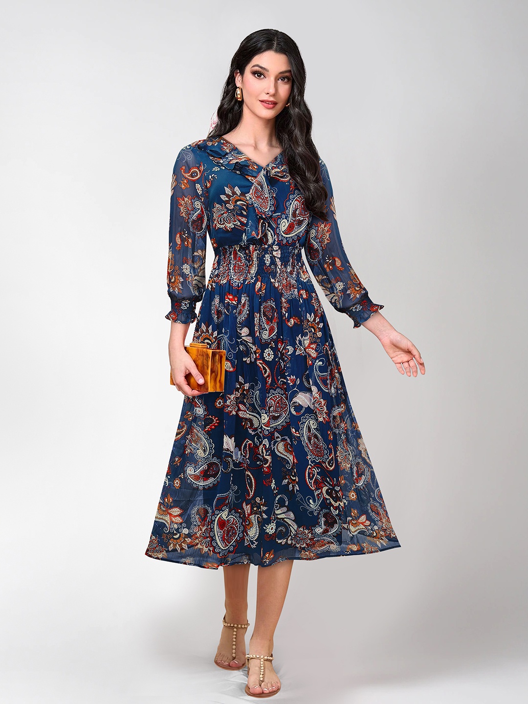 

BAESD Paisley Printed Ruffles Puff Sleeve Fit & Flare Midi Dress, Navy blue