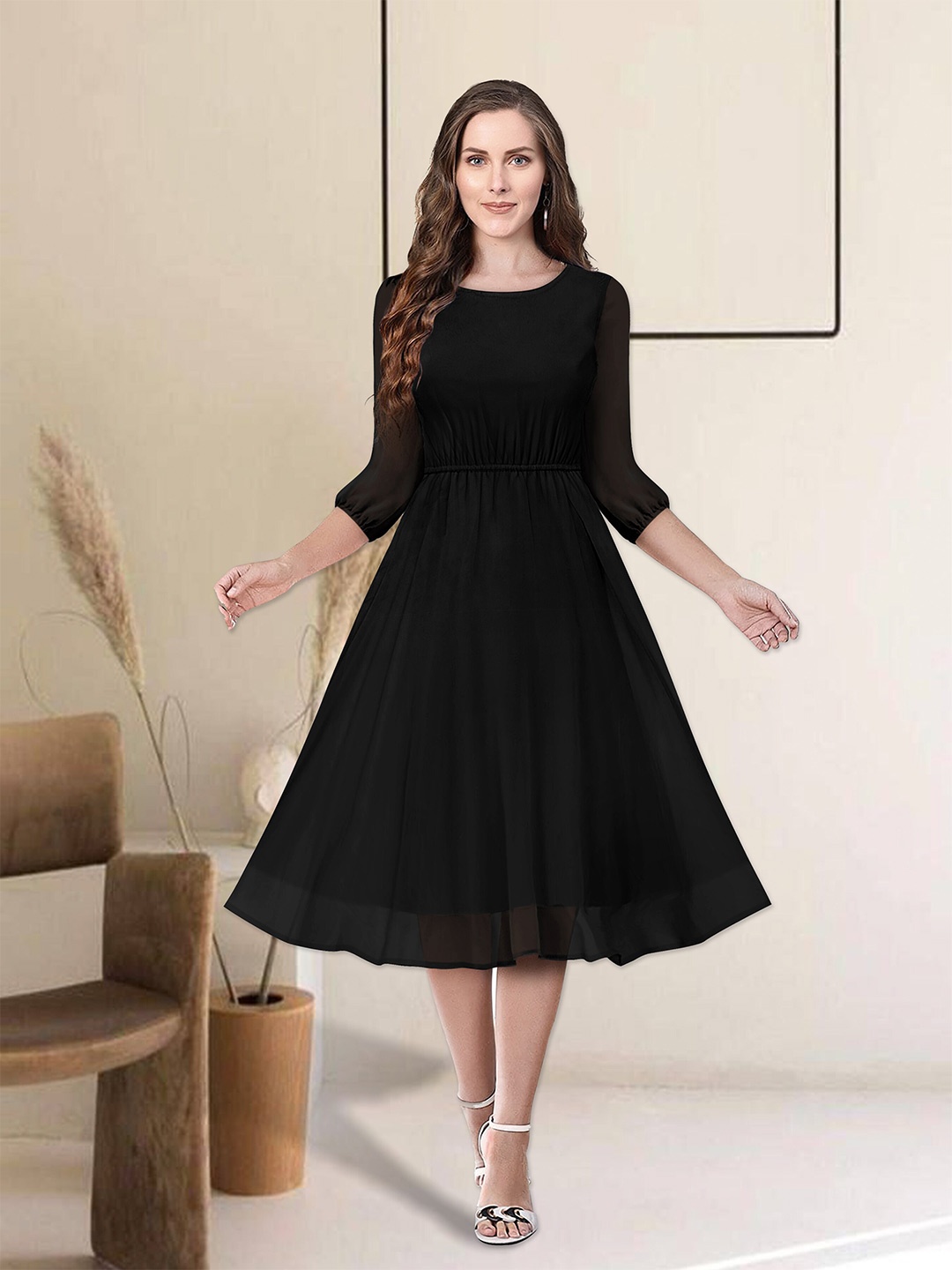 

BAESD Puff Sleeve Fit & Flare Midi Dress, Black