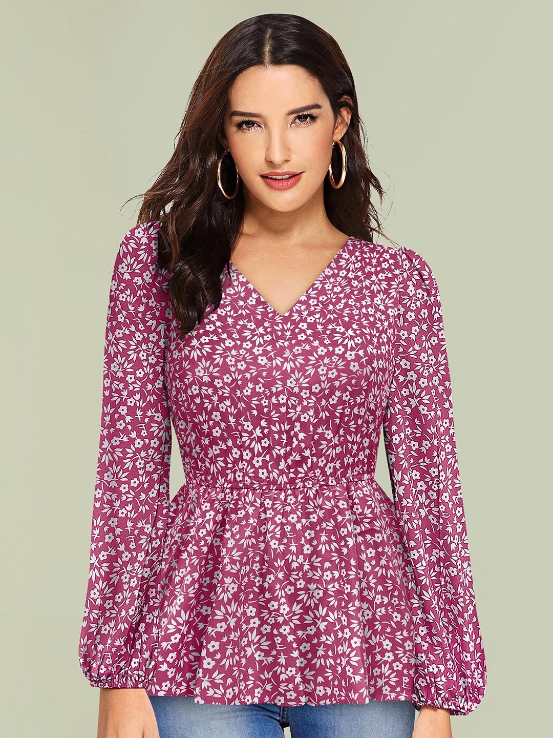 

BAESD Floral Printed V-Neck Puff Sleeve Cotton Peplum Top, Pink