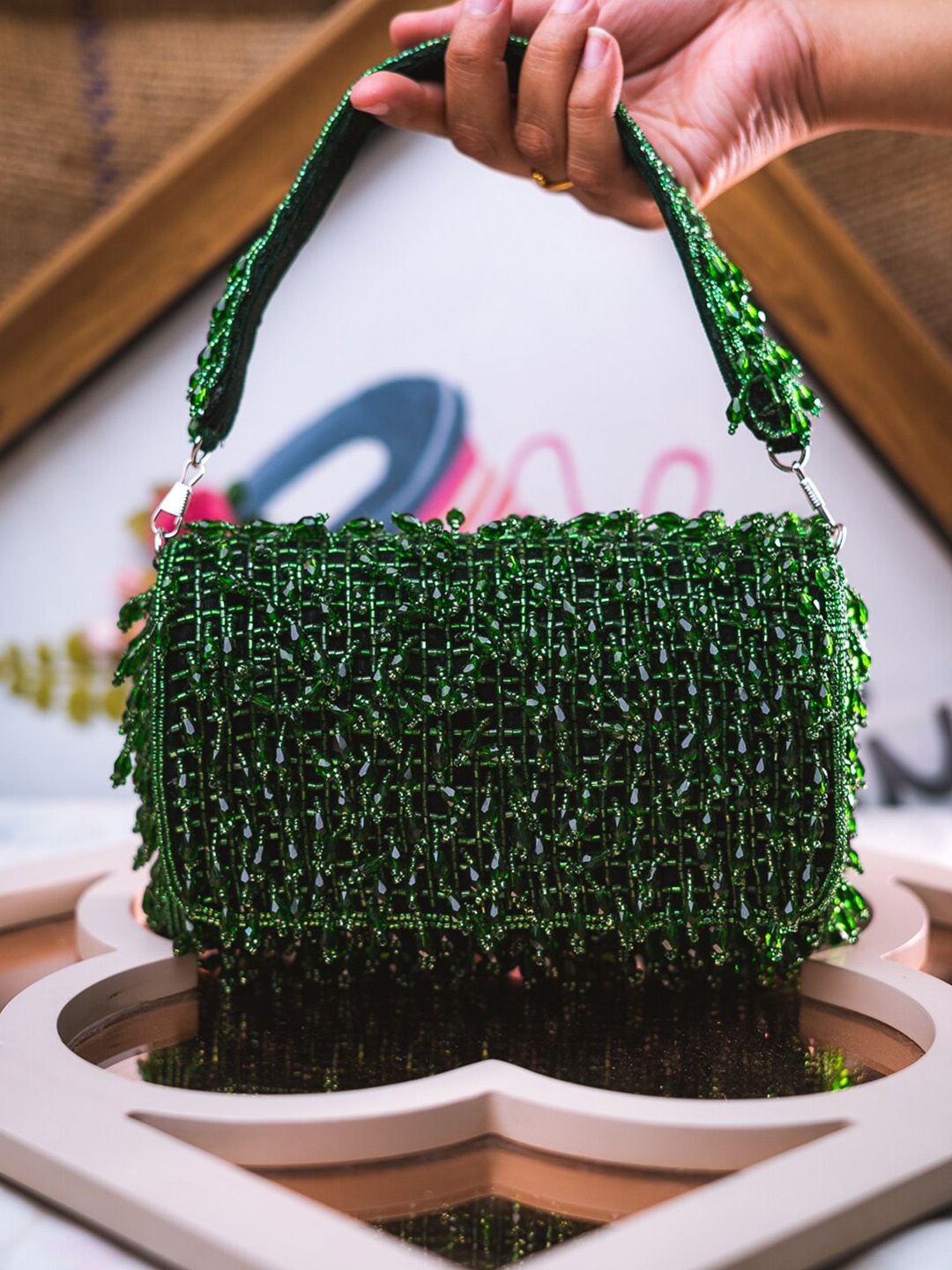 

NR By Nidhi Rathi Embroidered Embellished Foldover Clutch, Green