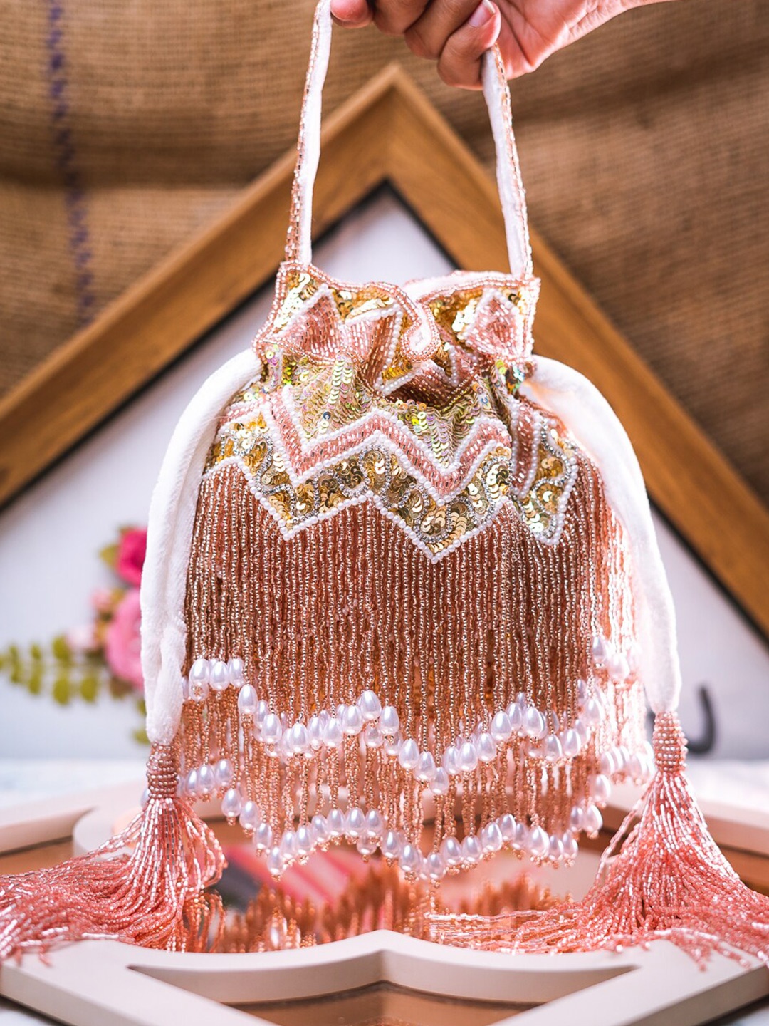 

NR By Nidhi Rathi Rose Beads Embellished Potli, Rose gold