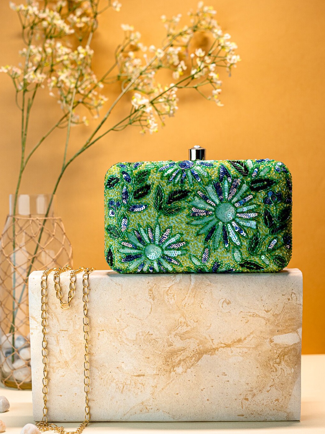 

NR By Nidhi Rathi Sequin Embellished Box Clutch, Green