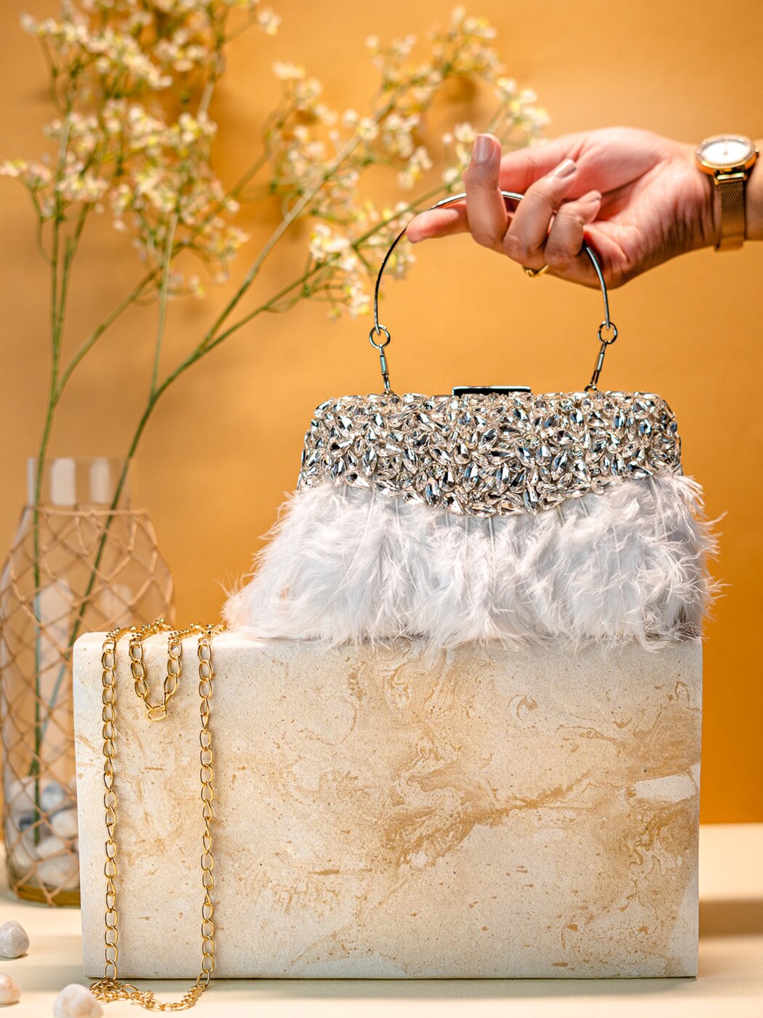 

NR By Nidhi Rathi Embroidered Embellished Feather Box Clutch, White