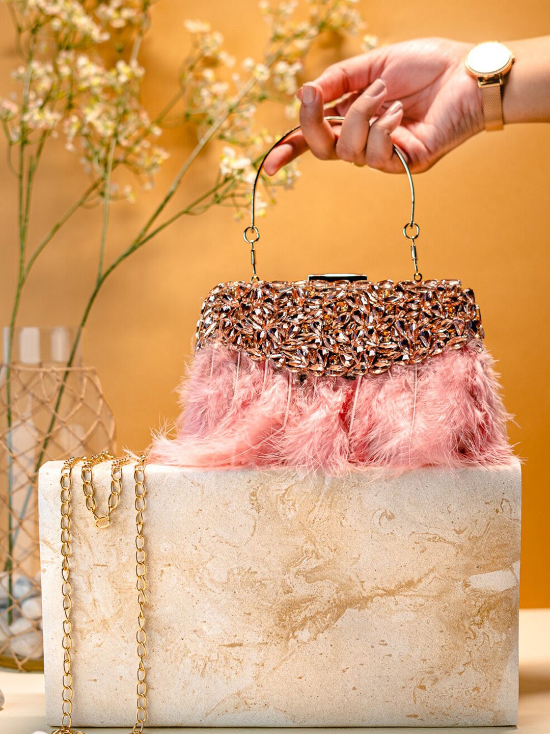 

NR By Nidhi Rathi Feather Embellished Box Clutch, Peach