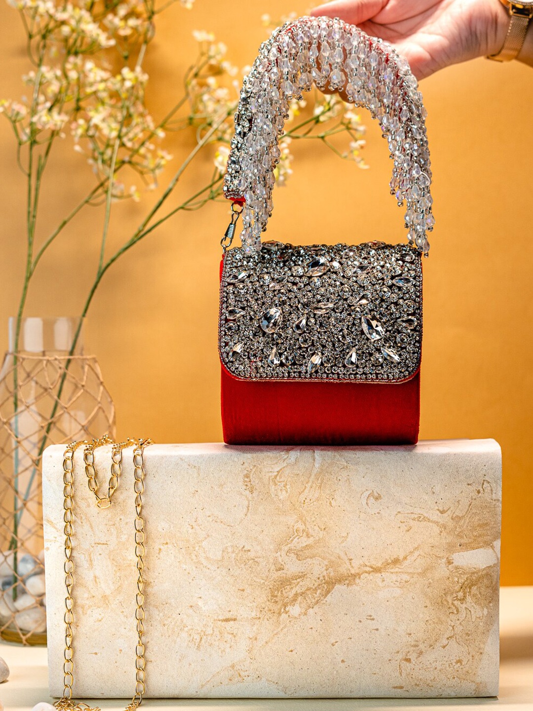

NR By Nidhi Rathi Embellished Suede Foldover Clutch, Red
