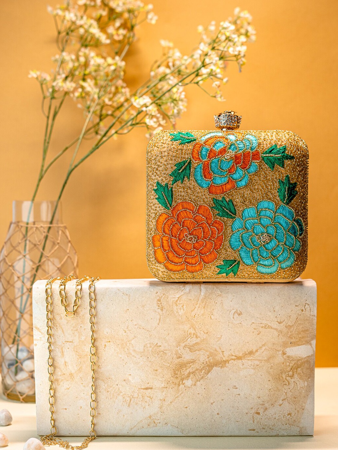 

NR By Nidhi Rathi Embellished Box Clutch, Beige
