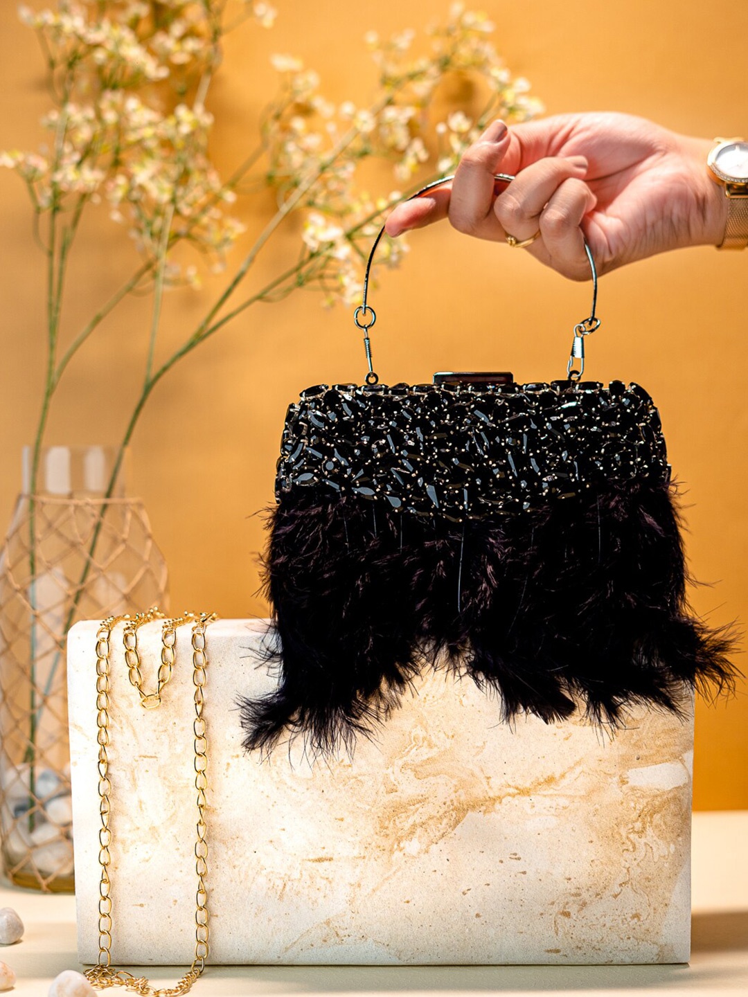

NR By Nidhi Rathi Embellished Box Clutch, Black