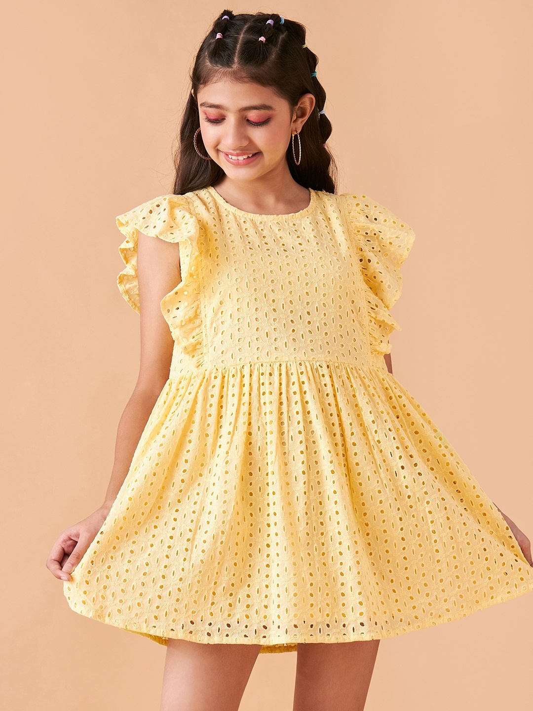 

Cherry & Jerry Girls Self Design Flutter Sleeve Cotton Fit & Flare Dress, Yellow