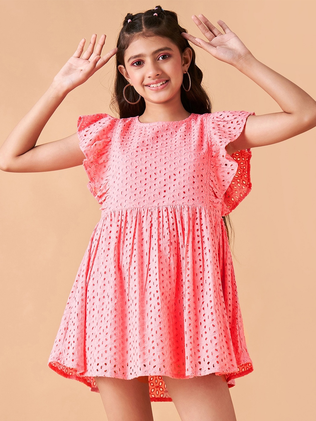 

Cherry & Jerry Girls Self Design Flutter Sleeve Cotton Fit & Flare Dress, Peach