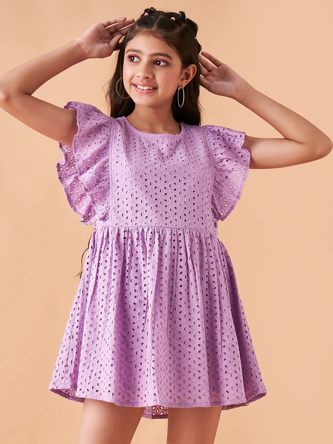 

Cherry & Jerry Girls Self Design Flutter Sleeve Cotton Fit & Flare Dress, Lavender