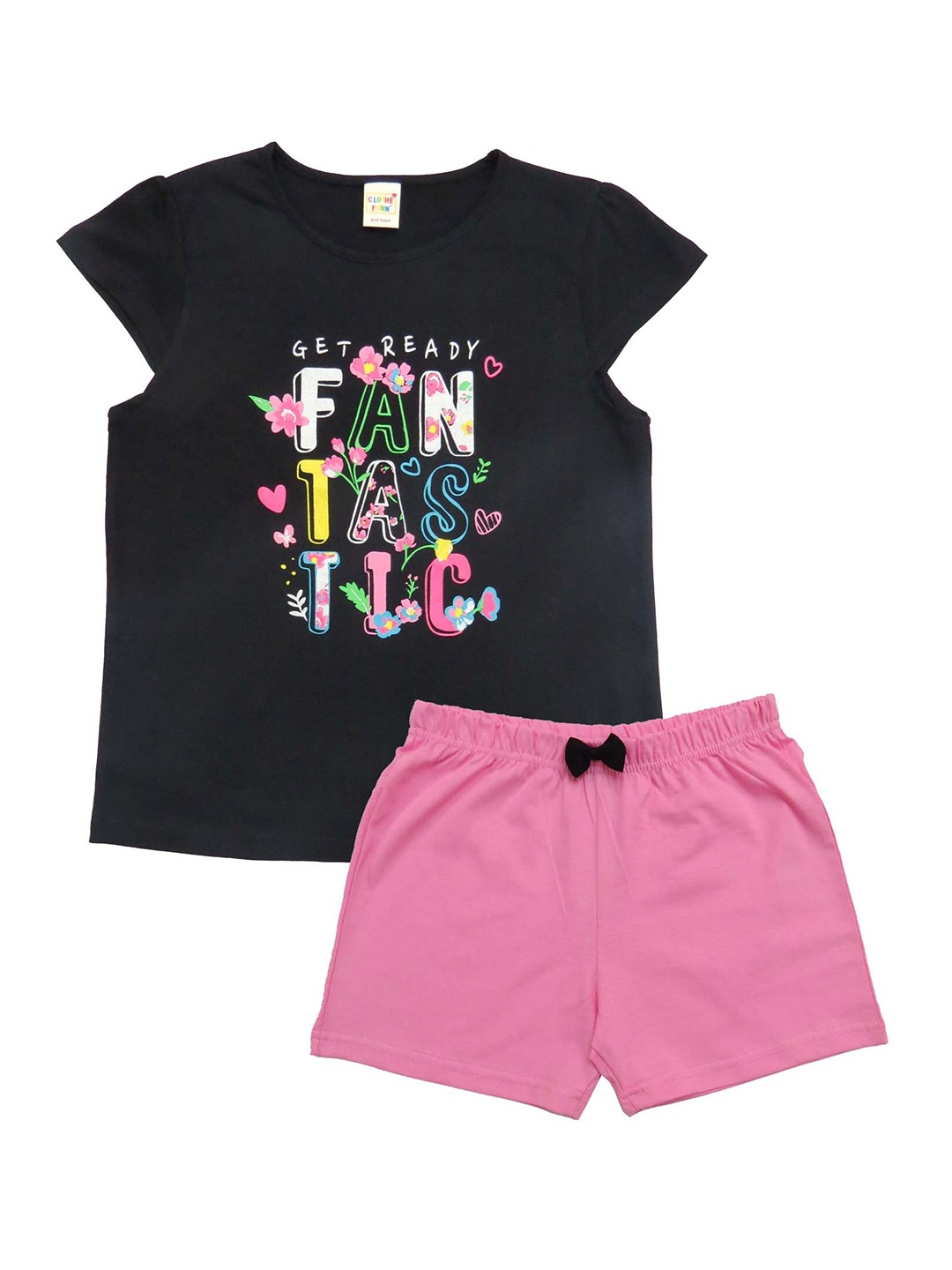 

Clothe Funn Girls Printed Pure Cotton Top with Shorts, Black