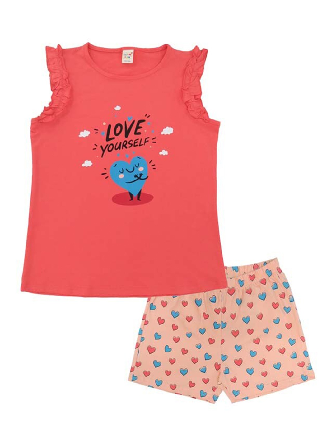 

Clothe Funn Girls Printed Cotton Top With Shorts, Peach