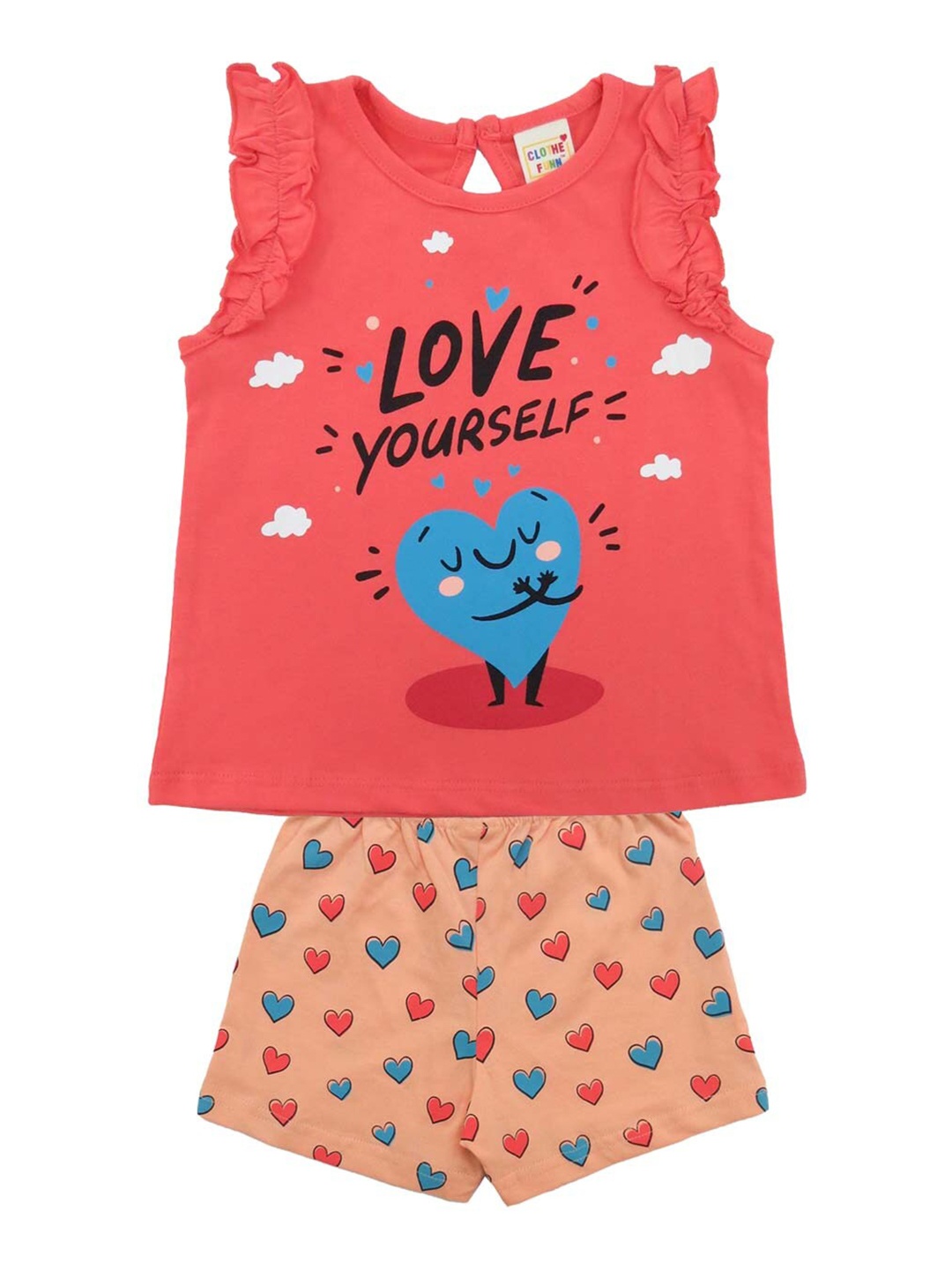 

Clothe Funn Girls Printed Cotton Top With Shorts, Peach