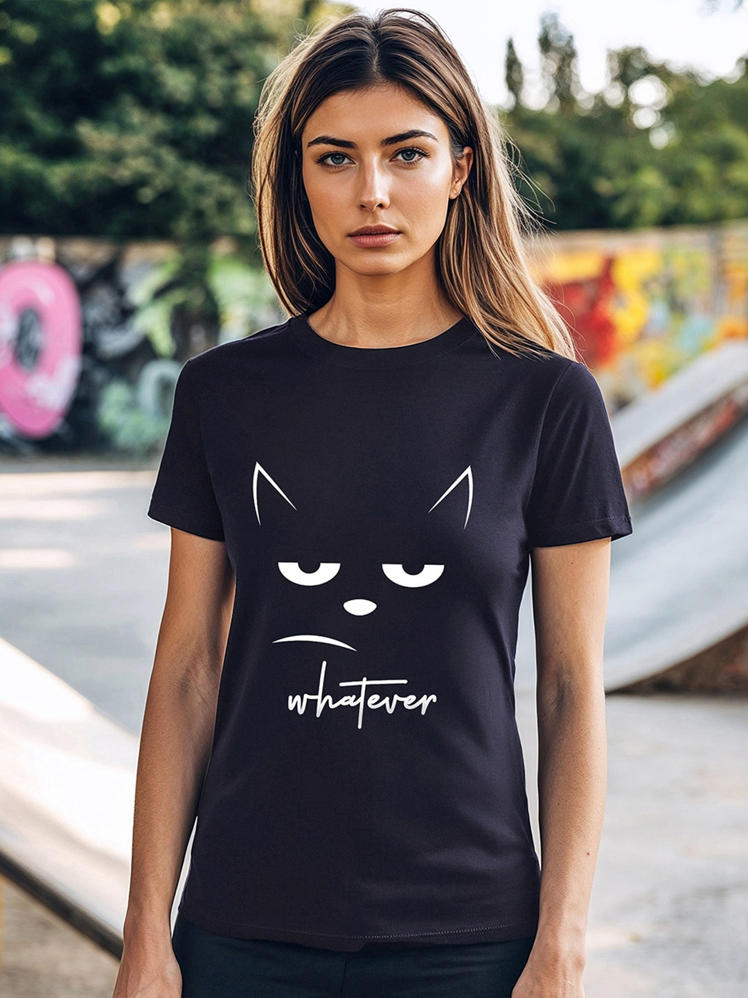 

Bewakoof Whatever Cat Graphic Printed Pure Cotton T-Shirt, Navy blue