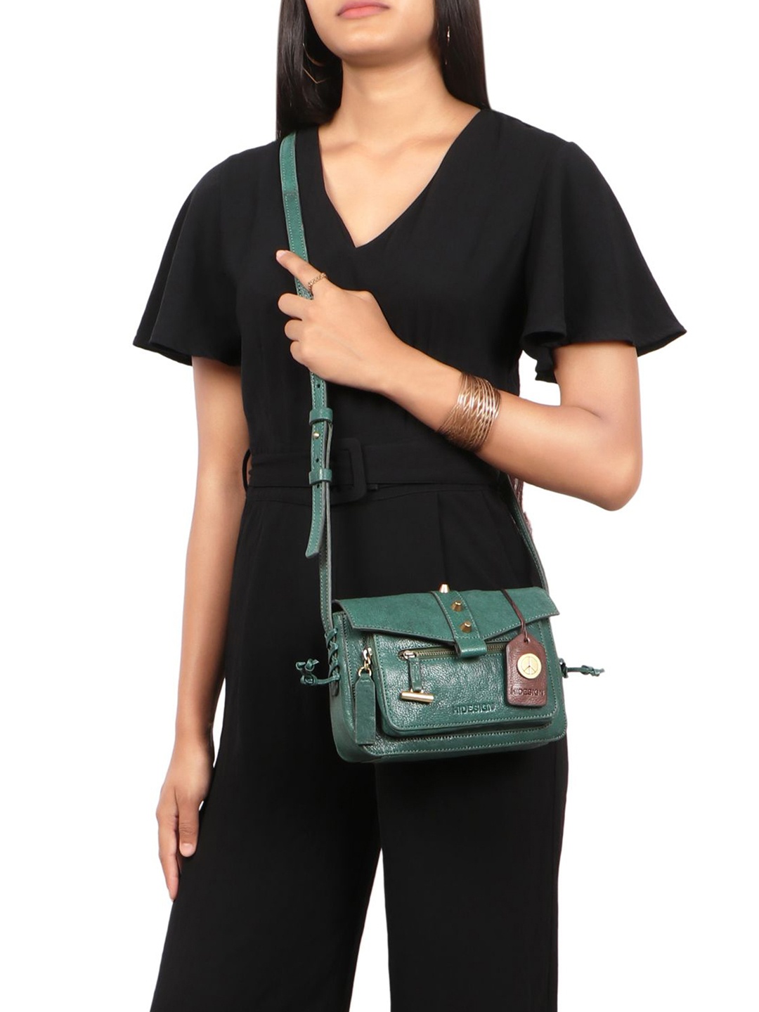 

Hidesign Leather Structured Sling Bag, Green