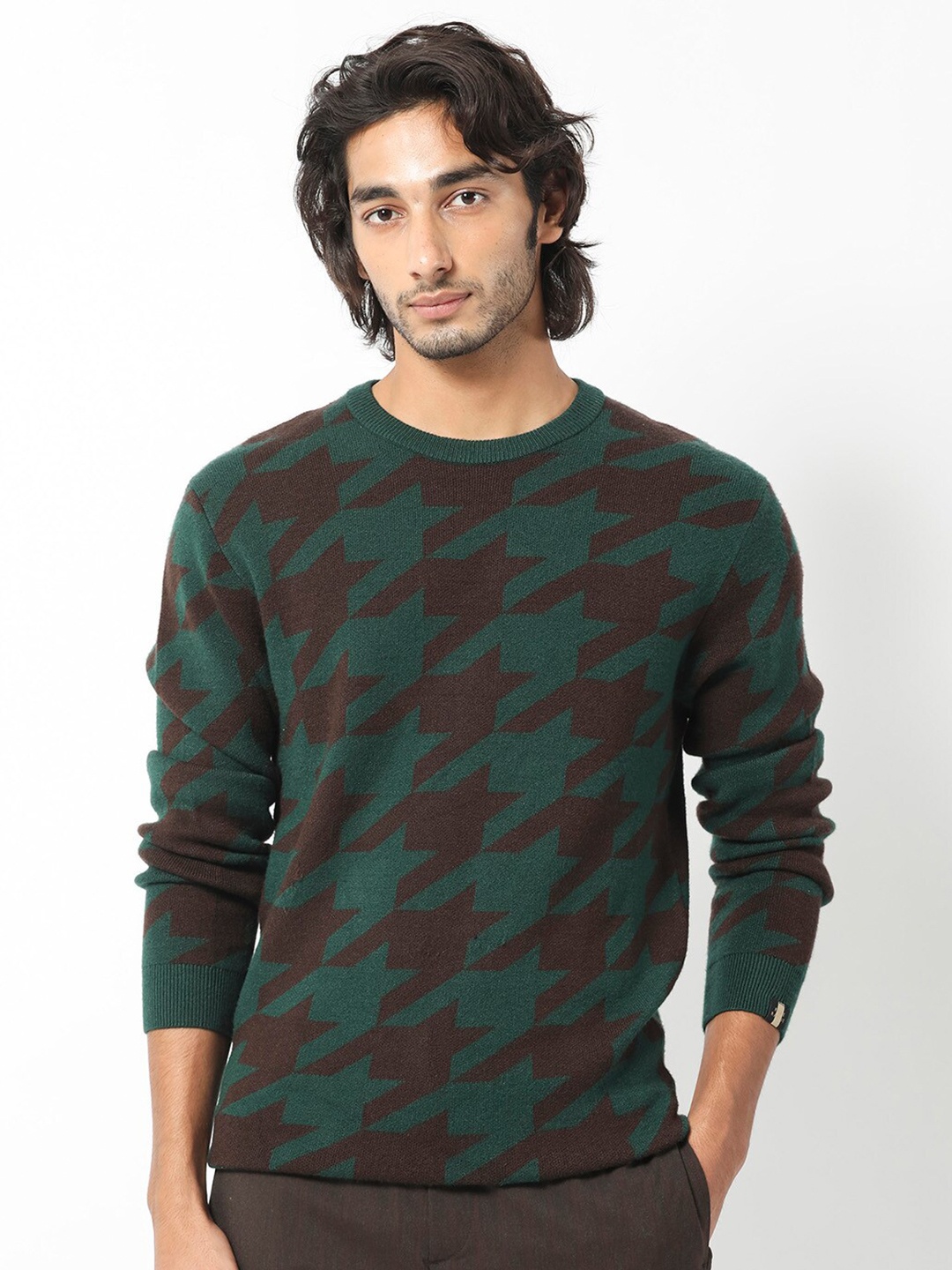 

RARE RABBIT Men Honder Round Neck Geometric Printed Sweater, Green