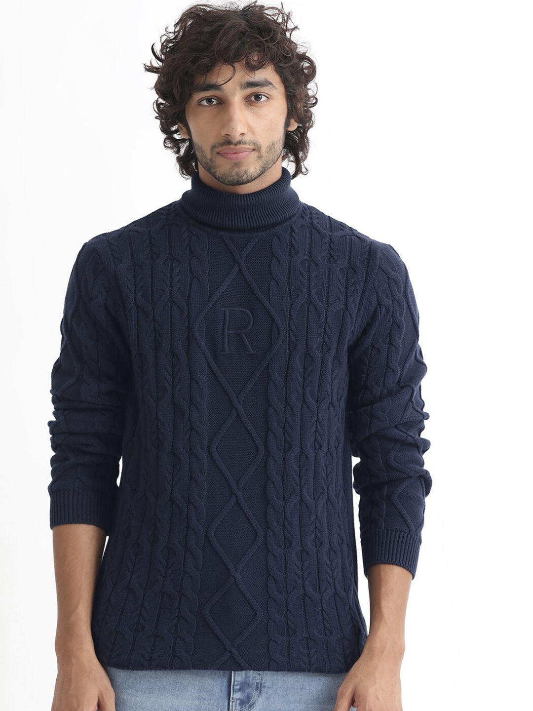 

RARE RABBIT Men Cong Comfortable Fit High Neck Cable Knit Pullover Sweater, Navy blue