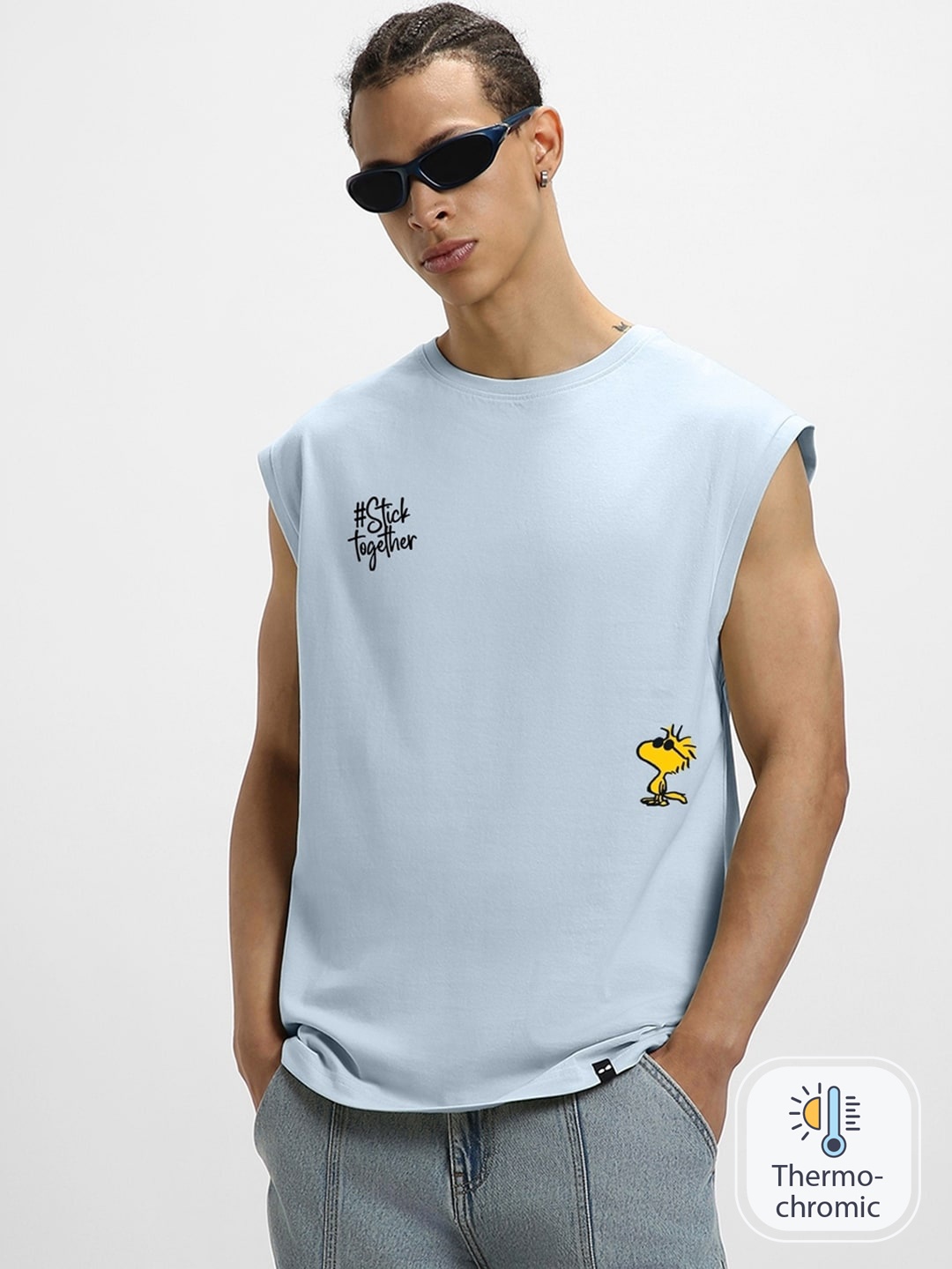 

Bewakoof X Official Peanuts Merchandise Graphic Printed Boxy Fit Cotton Vest, Blue