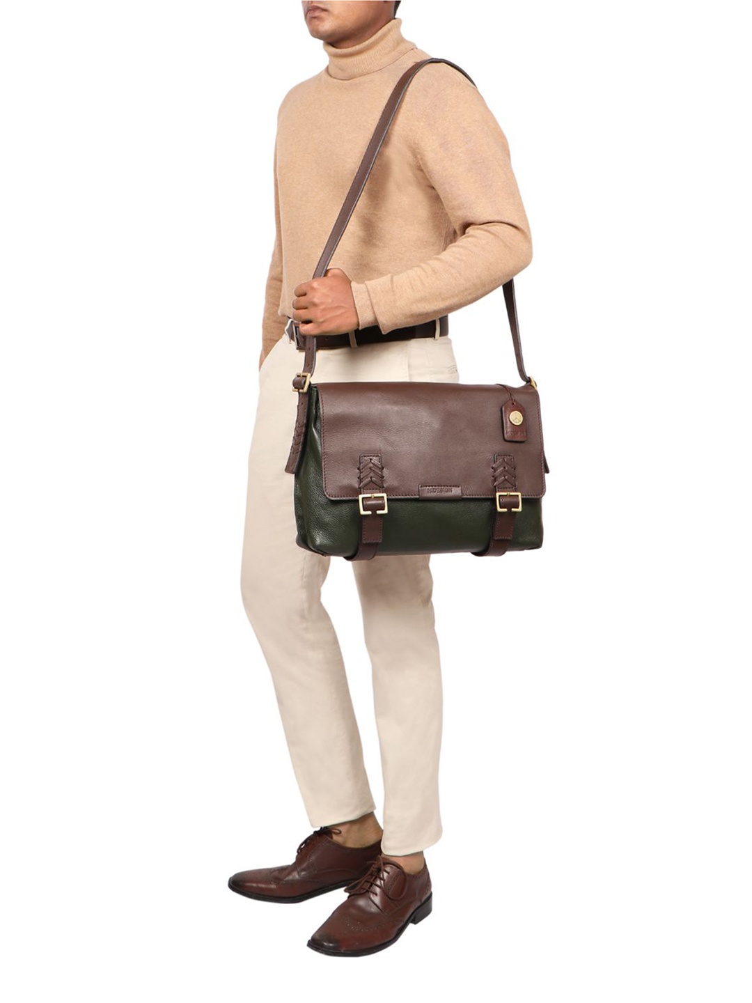 

Hidesign Men Leather Messenger Bag, Olive