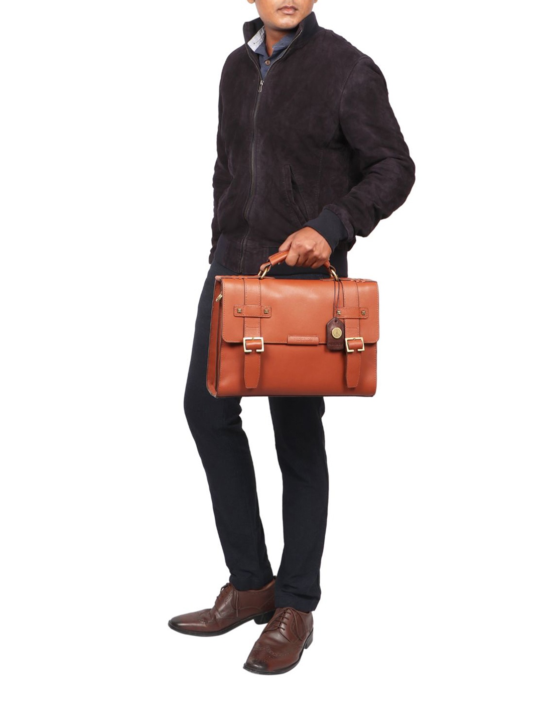 

Hidesign Men Leather Briefcase Messenger Bag, Tan