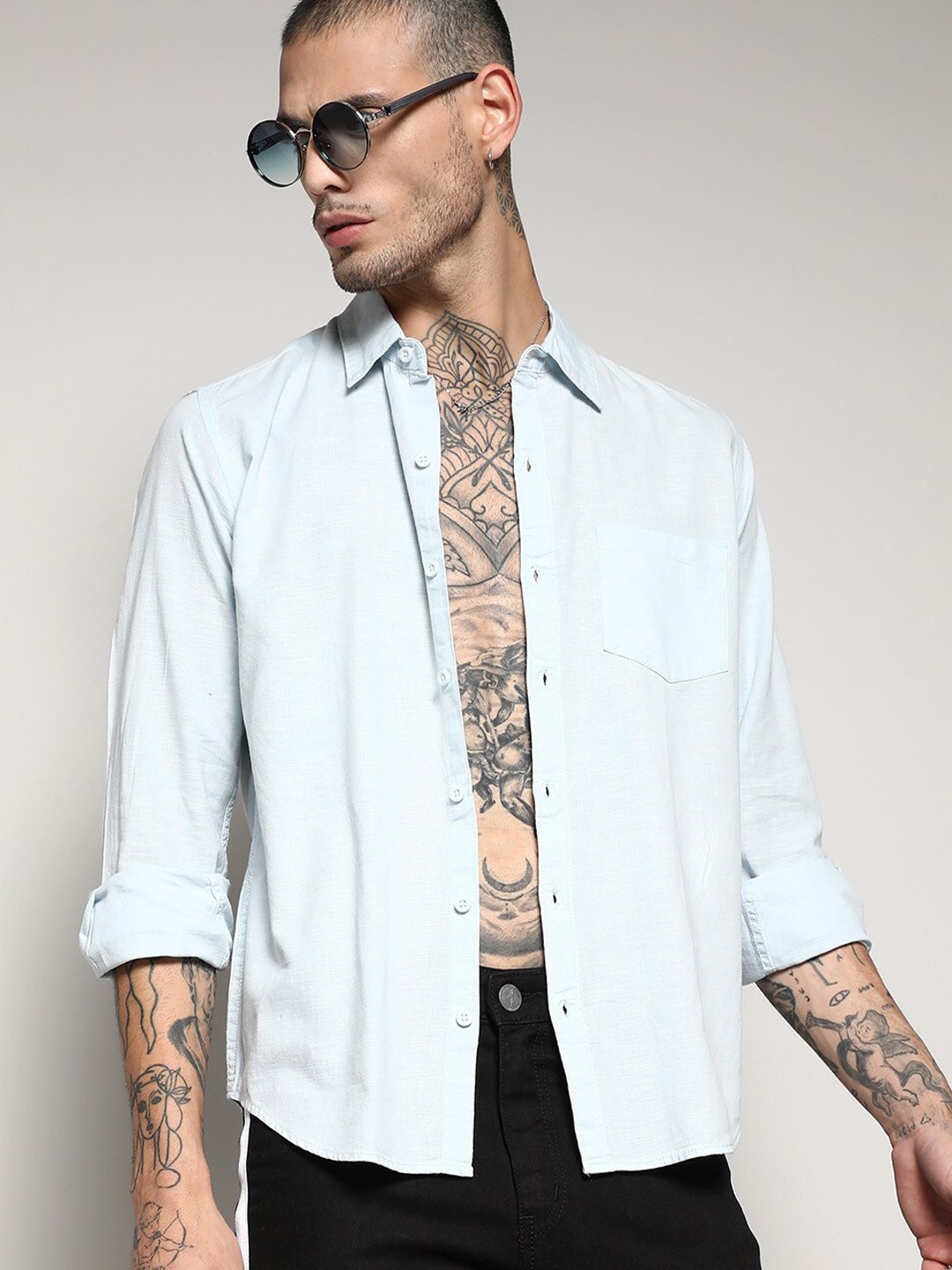 

Campus Sutra Classic Spread Collar Long Sleeves Cotton Casual Shirt, Blue