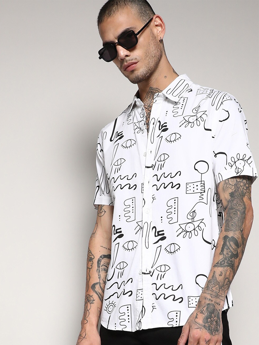 

Campus Sutra Classic Abstract Printed Spread Collar Cotton Casual Shirt, White