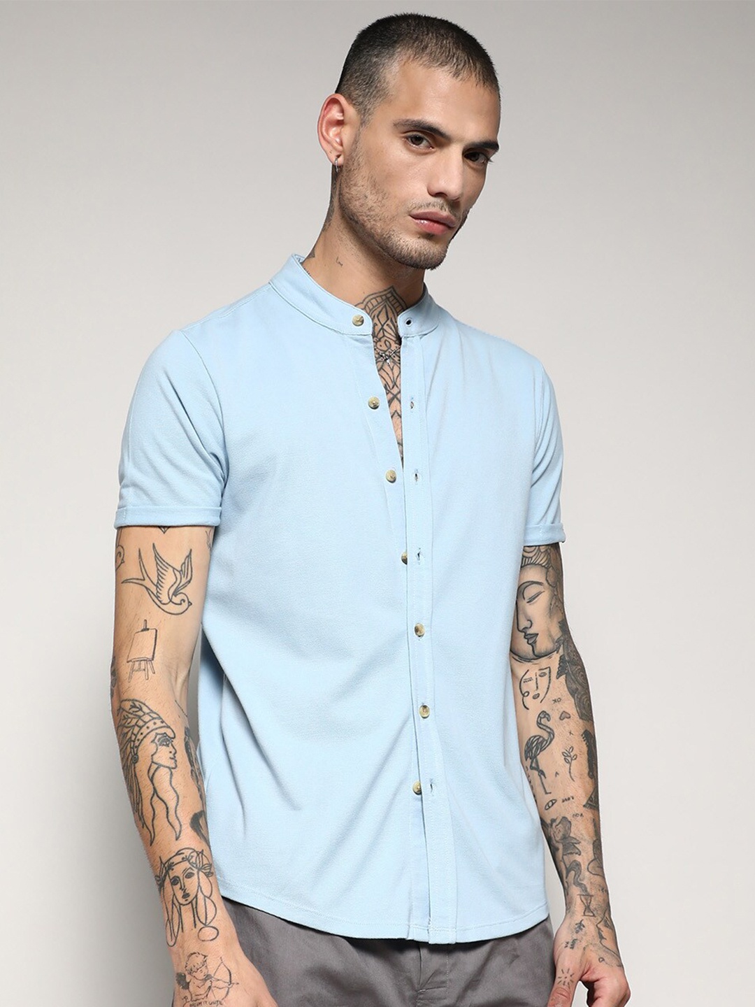 

Campus Sutra Classic Mandarin Collar Cotton Casual Shirt, Blue