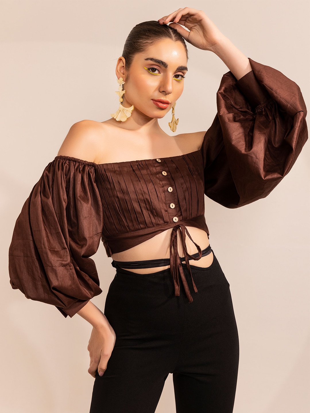 

KAORI BY SHREYA AGARWAL Off-Shoulder Puff Sleeve Bardot Crop Top, Brown