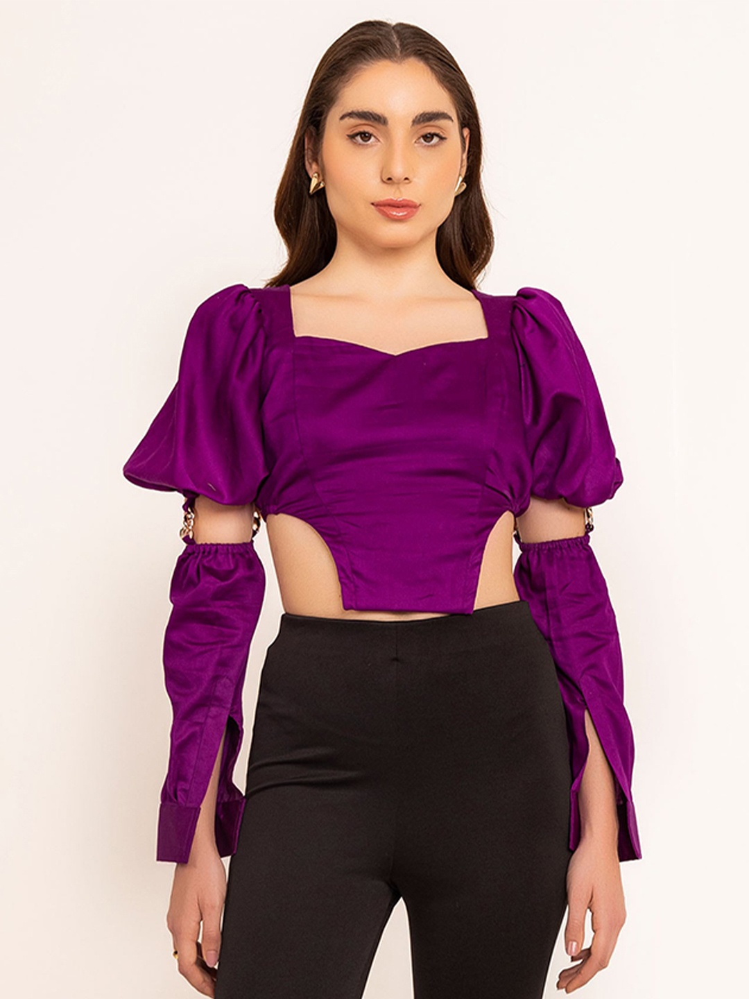 

KAORI BY SHREYA AGARWAL Sweetheart Neck Puff Sleeves Fitted Crop Top, Purple
