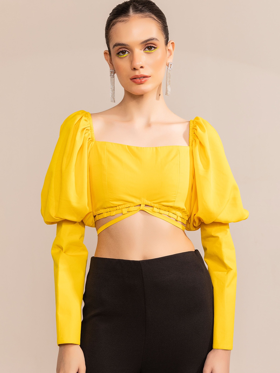 

KAORI BY SHREYA AGARWAL Square Neck Puff Sleeve Tie-Up Crop Top, Yellow