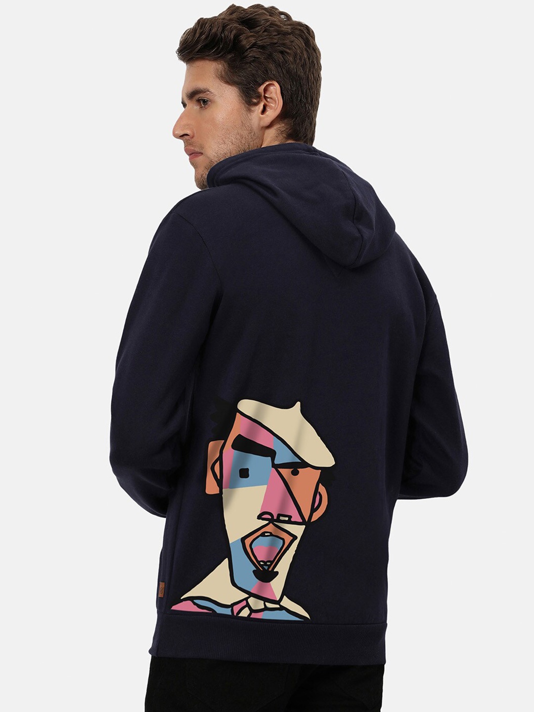 

Campus Sutra Blue Graphic Printed Hooded Cotton Pullover, Navy blue