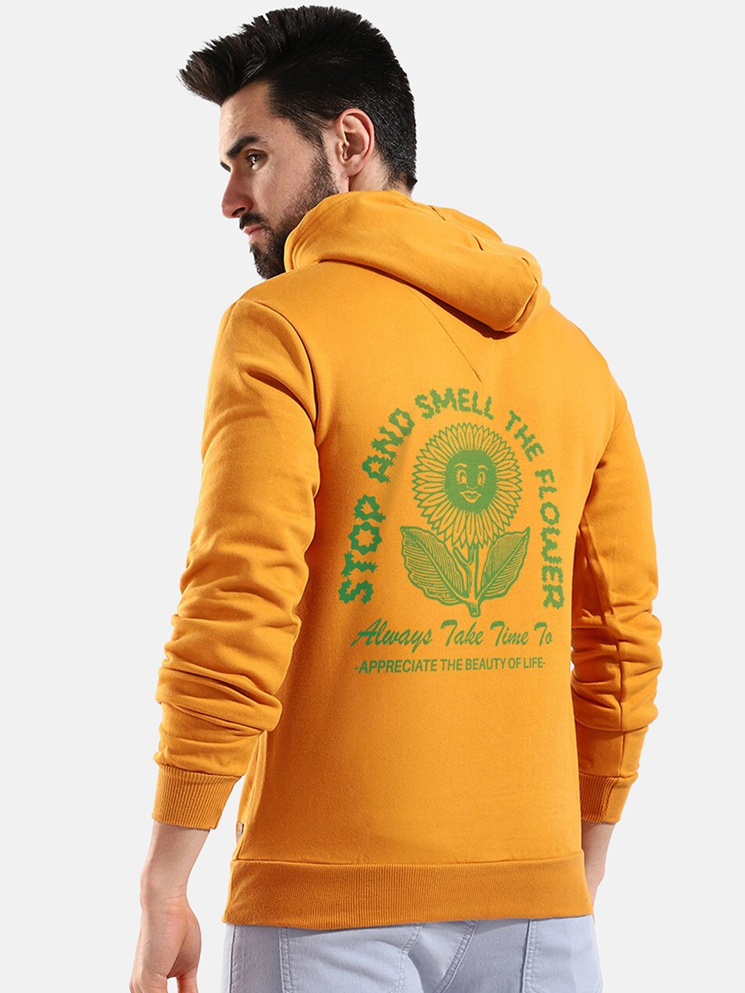 

Campus Sutra Typography Printed Hooded Cotton Pullover Sweatshirt, Yellow