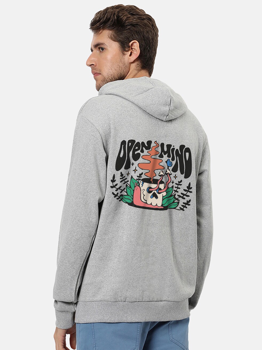 

Campus Sutra Grey Graphic Printed Hooded Cotton Pullover