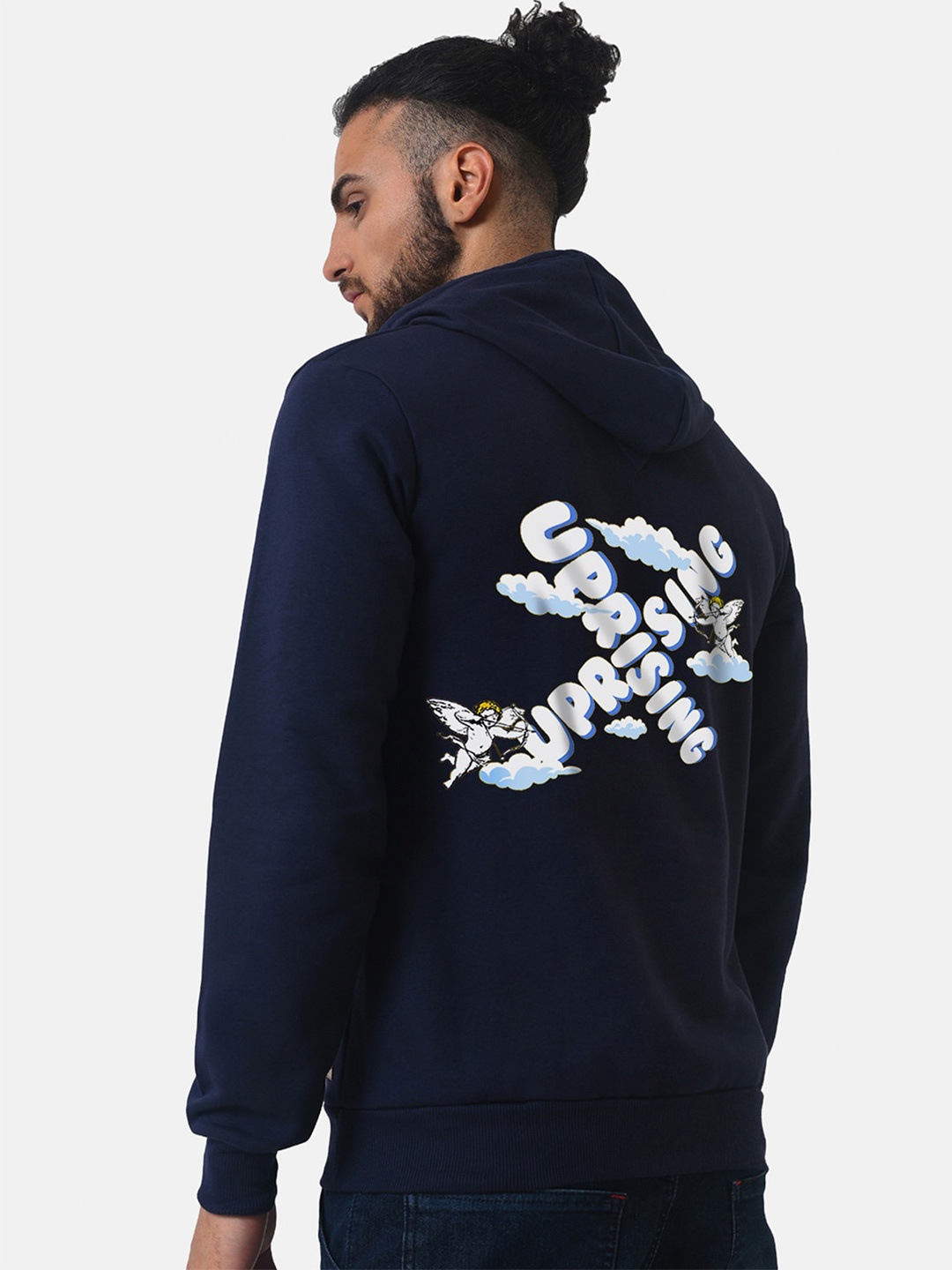 

Campus Sutra Printed Hooded Sweatshirt, Blue