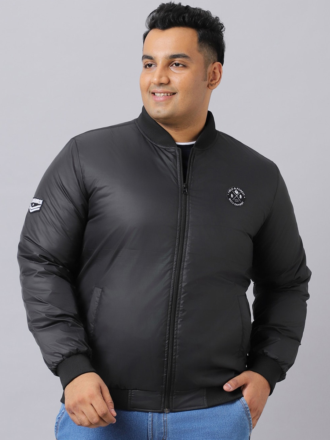 

Urbano Plus Men Solid Applique Bomber Jacket, Black